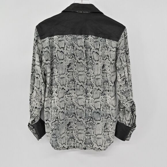 Vtg CACHE Top Womens Sz M Black Snakeskin Print Silk Faux Leather Button Up 90s - Picture 5 of 13